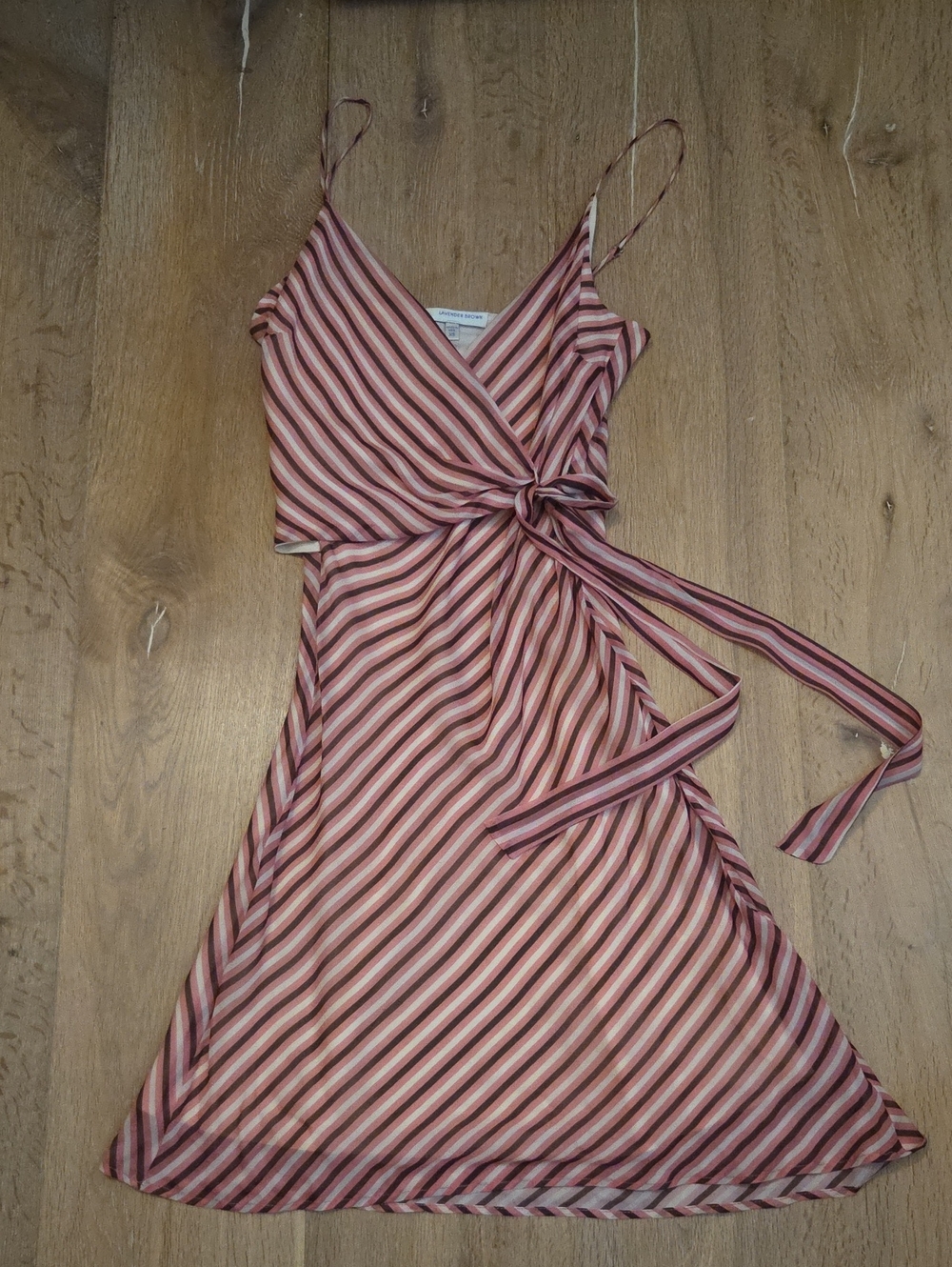 NWOT Lavender Brown Pink Brown Stripe Faux Wrap Dress Lined XS